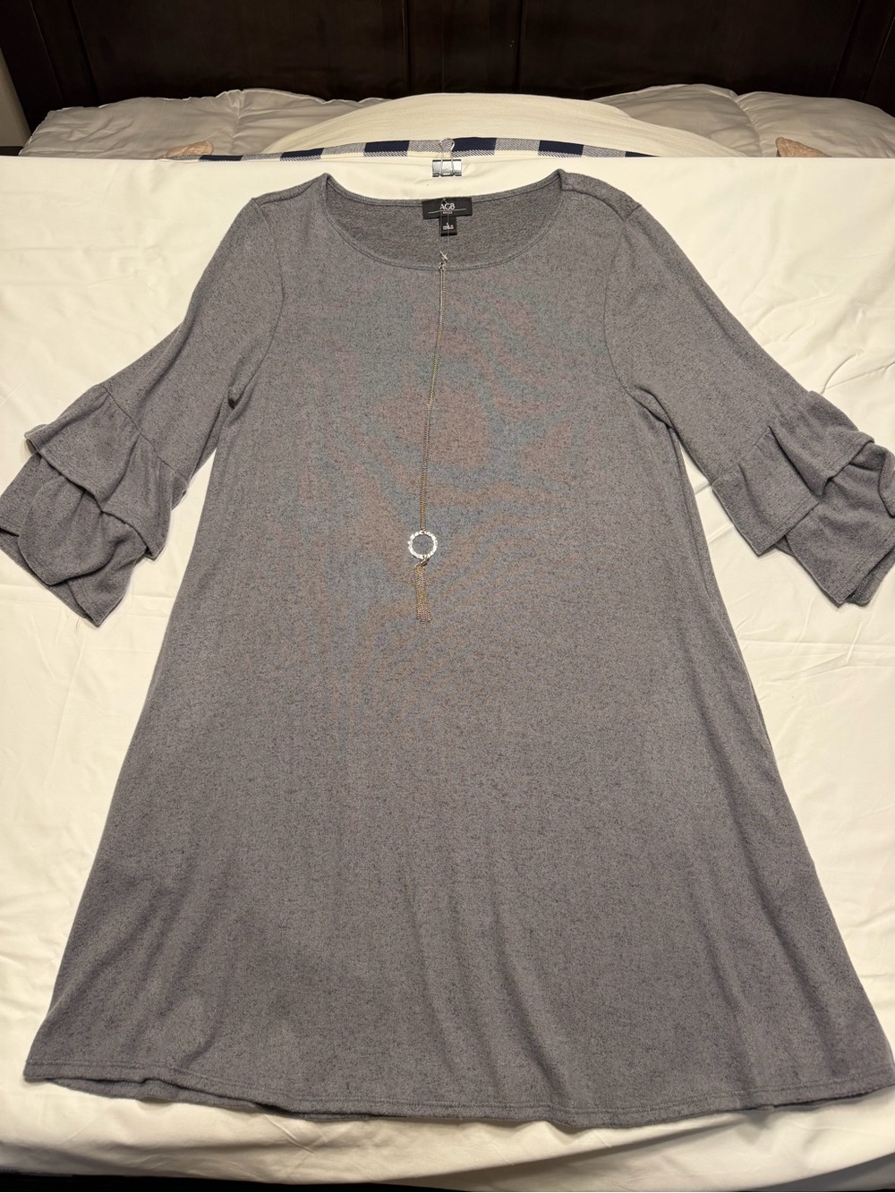 Grey Ruffle-Sleeve Swing Dress with necklace Large 1106